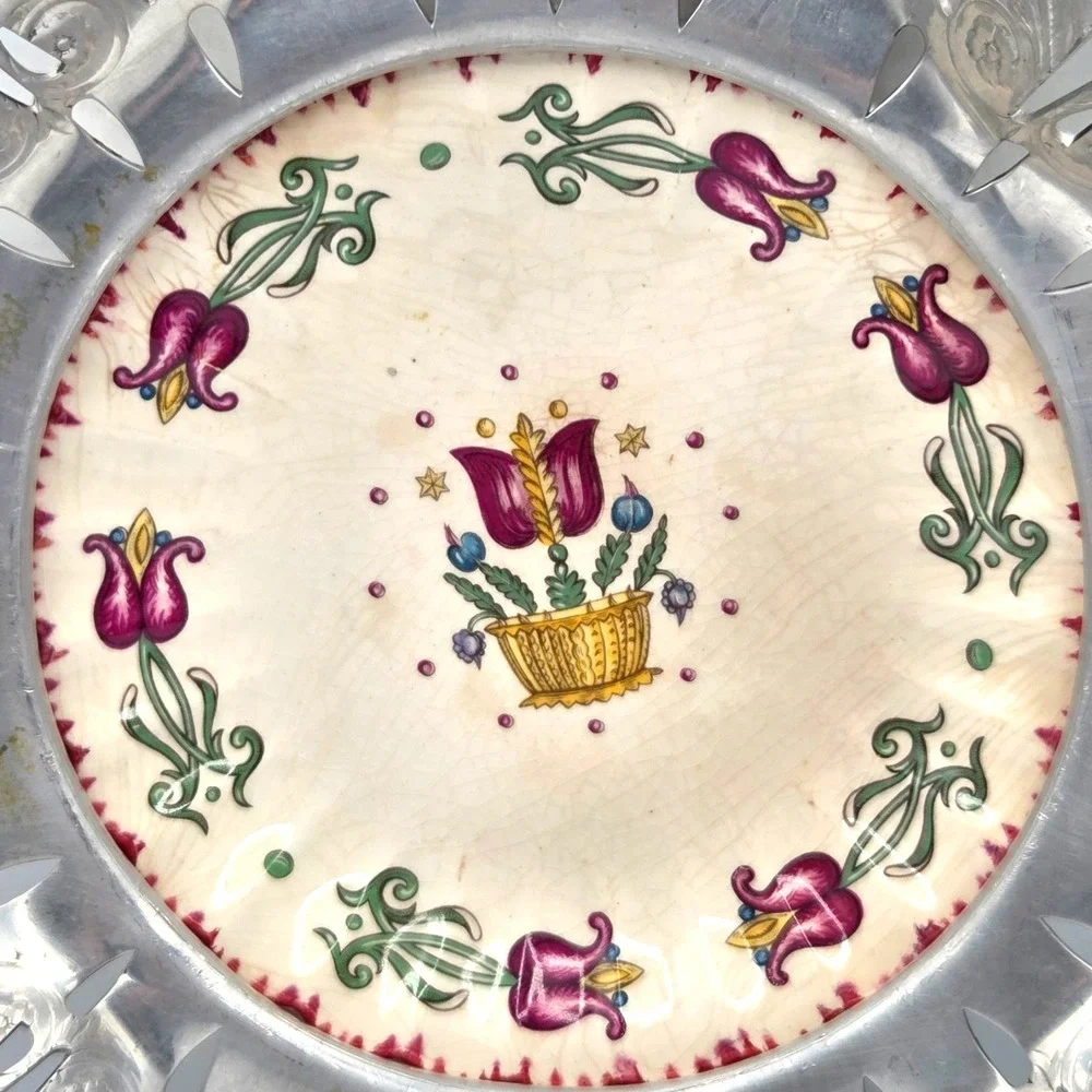 American Limoges Old Dutch‎ Tulips Pattern Farber Shlevin Aluminum Wavy Bowl 12
